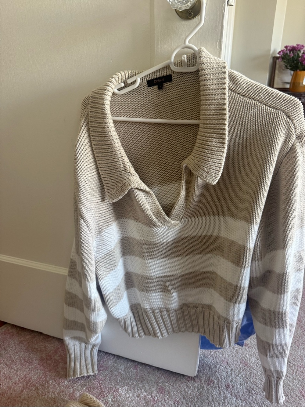 Quince Beige & White Striped V-Neck Collared Sweater